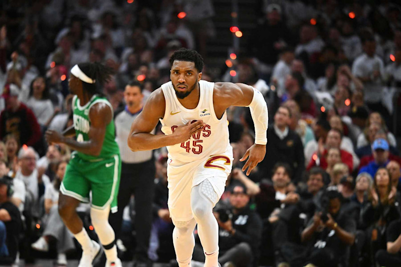 CLEVELAND, OHIO - MAY 11: Donovan Mitchell #45 of the Cleveland Cavaliers celebrates during the second quarter of game three of the Eastern Conference Second Round Playoffs against the Boston Celtics at Rocket Mortgage Fieldhouse on May 11, 2024 in Cleveland, Ohio. The Celtics defeated the Cavaliers 106-93. NOTE TO USER: User expressly acknowledges and agrees that, by downloading and or using this photograph, User is consenting to the terms and conditions of the Getty Images License Agreement. (Photo by Jason Miller/Getty Images)