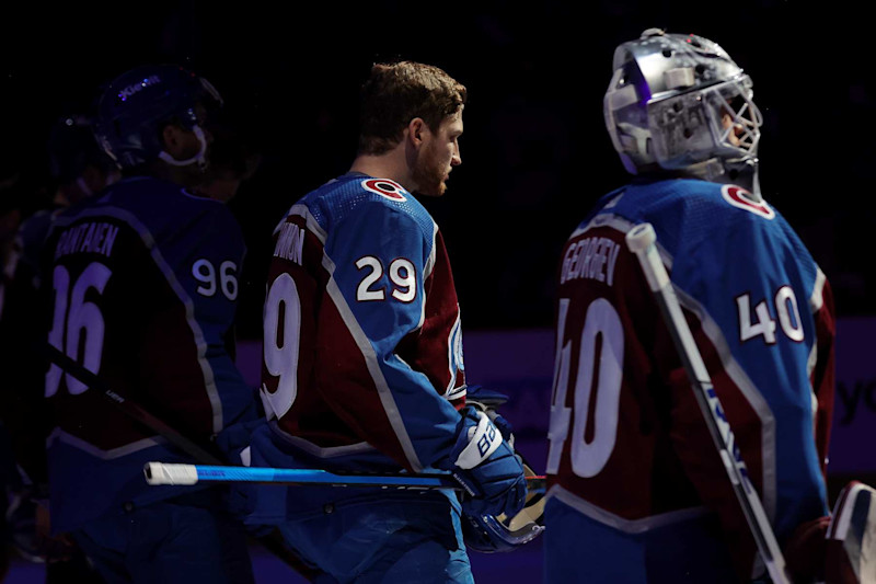 Mikko Rantanen, Nathan MacKinnon and Alexandar Georgiev