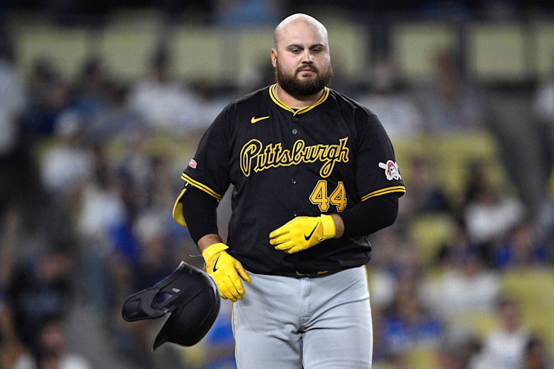 LOS ANGELES, CALIFORNIA - AUGUST 10: Rowdy Tellez #44 of the Pittsburgh Pirates tosses his helmet during the eighth inning against the Los Angeles Dodgers at Dodger Stadium on August 10, 2024 in Los Angeles, California. (Photo by Orlando Ramirez/Getty Images)