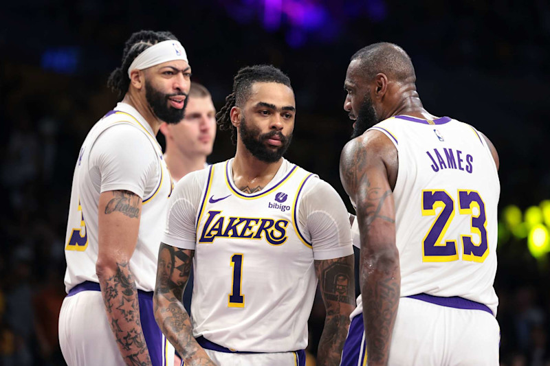 LOS ANGELES, CALIFORNIA - APRIL 27: Lakers D'Angelo Russell (1) with Anthony Davis,left, and LeBron James in Game 4 of the NBA playoffs at Crypto.com Arena. (Wally Skalij/Los Angeles Times via Getty Images)