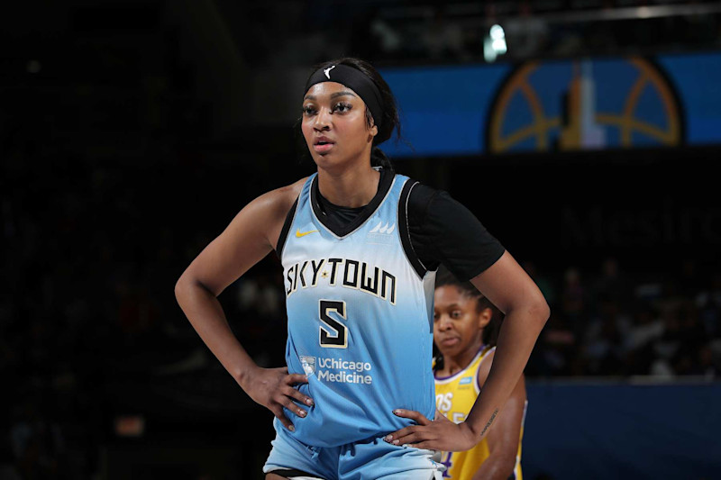 CHICAGO, IL -  SEPTEMBER 6: Angel Reese #5 of the Chicago Sky looks on during the game against the Los Angeles Sparks on September 6, 2024 at the Wintrust Arena in Chicago, IL. NOTE TO USER: User expressly acknowledges and agrees that, by downloading and or using this photograph, User is consenting to the terms and conditions of the Getty Images License Agreement. Mandatory Copyright Notice: Copyright 2024 NBAE (Photo by Gary Dineen/NBAE via Getty Images)