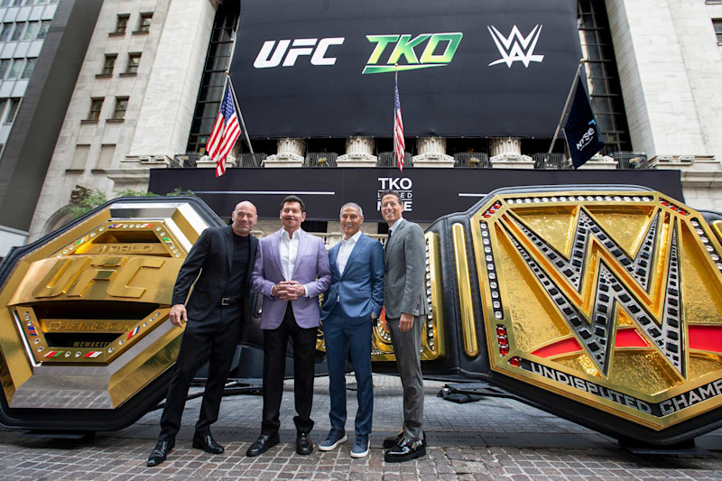 NEW YORK, NEW YORK - SEPTEMBER 12: (L-R) UFC CEO Dana White, TKO Executive Chairman of the Board Vince McMahon, TKO + Endeavor CEO Ariel Emanuel, and TKO + Endeavor President and COO Mark Shapiro pose outside the New York Stock Exchange during the TKO Group Holdings' listing day on September 12, 2023 in New York City. (Photo by Michelle Farsi/Zuffa LLC)