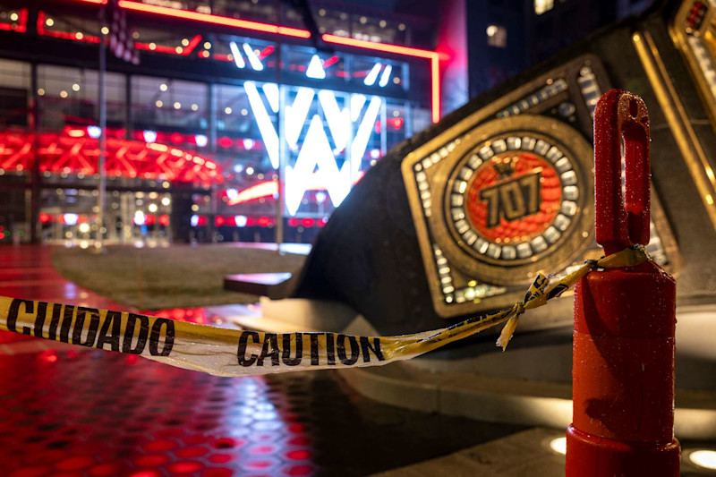 STAMFORD, CONNECTICUT - JANUARY 28: A WWE logo shines from the WWE wrestling world headquarters on January 28, 2024 in Stamford, Connecticut. WWE founder Vince McMahon resigned from the WWE and its parent company TKO as executive chairman and board of directors following allegations of sexual assault in a Connecticut lawsuit. A former employee Janel Grant accused McMahon, 78, of sexual assault and sexually trafficking her. (Photo by John Moore/Getty Images)