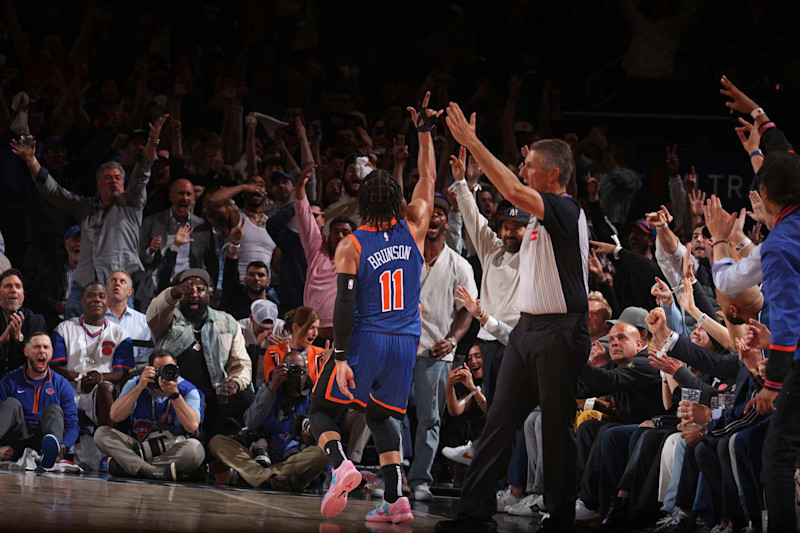 NEW YORK, NY - MAY 14: Jalen Brunson #11 of the New York Knicks celebrates during the game  against the Indiana Pacers during Round 2 Game 5 of the 2024 NBA Playoffs on May 14, 2024 at Madison Square Garden in New York City, New York.  NOTE TO USER: User expressly acknowledges and agrees that, by downloading and or using this photograph, User is consenting to the terms and conditions of the Getty Images License Agreement. Mandatory Copyright Notice: Copyright 2024 NBAE  (Photo by Nathaniel S. Butler/NBAE via Getty Images)