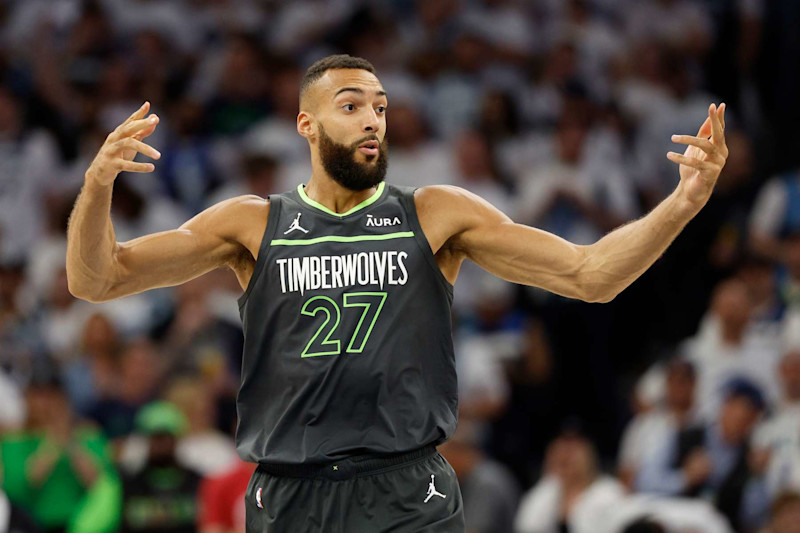 MINNEAPOLIS, MINNESOTA - MAY 30: Rudy Gobert #27 of the Minnesota Timberwolves reacts to a foul during the first quarter against the Dallas Mavericks in Game Five of the Western Conference Finals at Target Center on May 30, 2024 in Minneapolis, Minnesota. NOTE TO USER: User expressly acknowledges and agrees that, by downloading and or using this photograph, User is consenting to the terms and conditions of the Getty Images License Agreement. (Photo by David Berding/Getty Images)