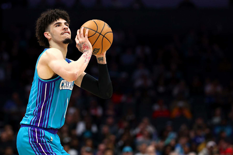 CHARLOTTE, NORTH CAROLINA - JANUARY 26: LaMelo Ball #1 of the Charlotte Hornets attempts a three point basket during the second half of the game against the Houston Rockets at Spectrum Center on January 26, 2024 in Charlotte, North Carolina. NOTE TO USER: User expressly acknowledges and agrees that, by downloading and or using this photograph, User is consenting to the terms and conditions of the Getty Images License Agreement. (Photo by Jared C. Tilton/Getty Images)