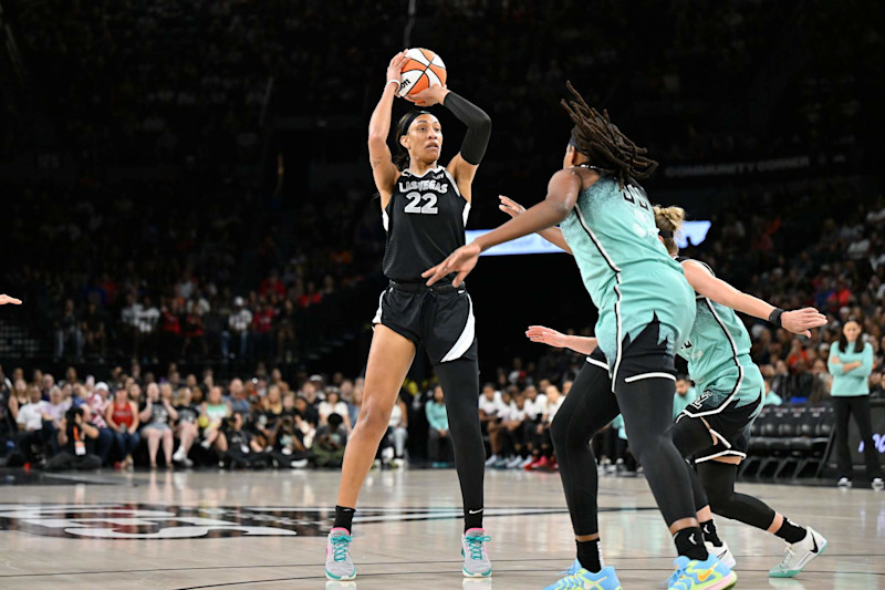 LAS VEGAS, NV - AUGUST 17: A'ja Wilson #22 of the Las Vegas Aces shoots the ball during the game against the New York Liberty on August 17, 2024 at Michelob ULTRA Arena in Las Vegas, Nevada. NOTE TO USER: User expressly acknowledges and agrees that, by downloading and or using this photograph, User is consenting to the terms and conditions of the Getty Images License Agreement. Mandatory Copyright Notice: Copyright 2024 NBAE (Photo by David Becker/NBAE via Getty Images)