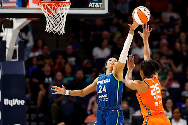 MINNEAPOLIS, MINNESOTA - JULY 04: Napheesa Collier #24 of the Minnesota Lynx blocks a shot by Alyssa Thomas #25 of the Connecticut Sun in the third quarter at Target Center on July 04, 2024 in Minneapolis, Minnesota. The Sun defeated the Lynx 78-73. (Photo by David Berding/Getty Images)