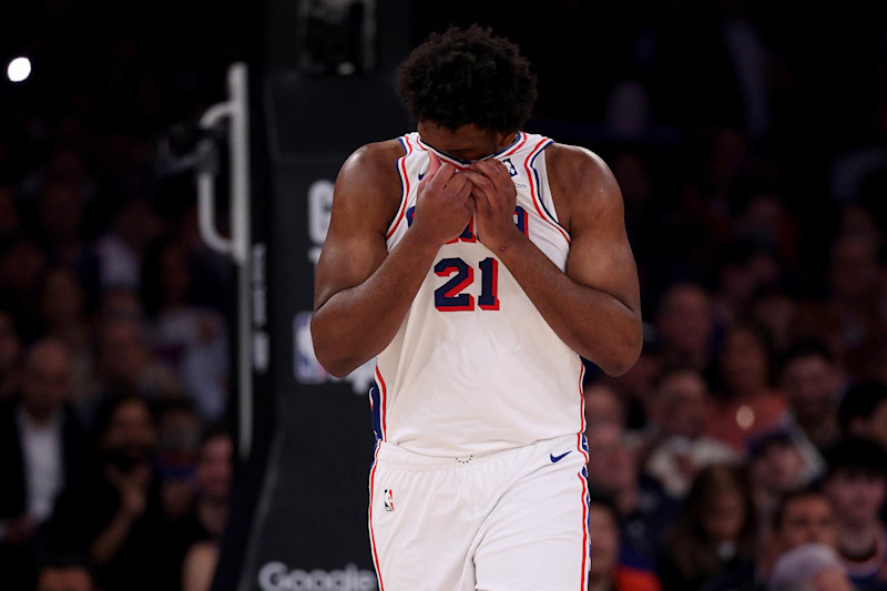 NEW YORK, NEW YORK - APRIL 30: Joel Embiid #21 of the Philadelphia 76ers reacts during the first half against the New York Knicks at Madison Square Garden on April 30, 2024 in New York City. NOTE TO USER: User expressly acknowledges and agrees that, by downloading and or using this photograph, User is consenting to the terms and conditions of the Getty Images License Agreement. (Photo by Elsa/Getty Images)