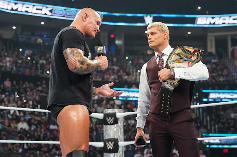 OKLAHOMA CITY, OKLAHOMA - SEPTEMBER 27: Randy Orton and Cody Rhodes speak during WWE SmackDown at Paycom Center on September 27, 2024 in Oklahoma City, Oklahoma.  (Photo by WWE/Getty Images)