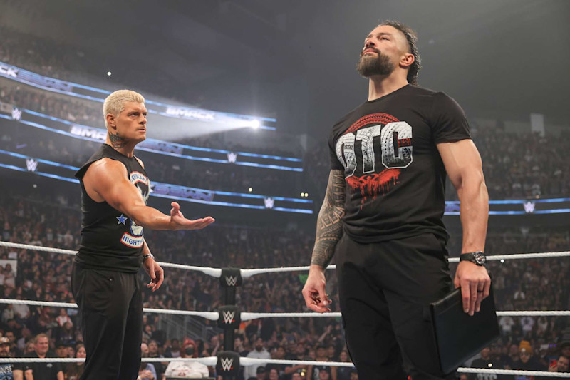 SEATTLE, WASHINGTON - SEPTEMBER 13: Cody Rhodes agrees to partner with Roman Reigns during SmackDown at Climate Pledge Arena on September 13, 2024 in Seattle, Washington.  (Photo by WWE/Getty Images)