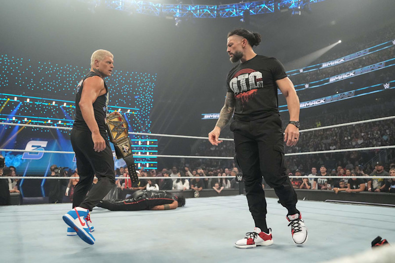 SEATTLE, WASHINGTON - SEPTEMBER 13: Cody Rhodes and Roman Reigns face off during SmackDown at Climate Pledge Arena on September 13, 2024 in Seattle, Washington.  (Photo by WWE/Getty Images)