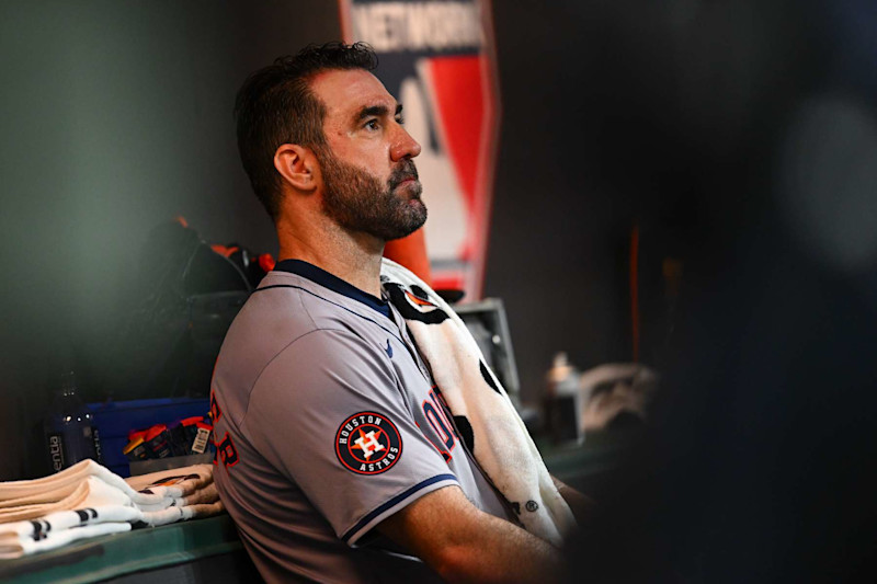 CLEVELAND, OH - SEPTEMBER 28: Justin Verlander #35 of the Houston Astros looks on during the game between the Houston Astros and the Cleveland Guardians at Progressive Field on Saturday, September 28, 2024 in Cleveland, Ohio. (Photo by Joe Sargent/MLB Photos via Getty Images)