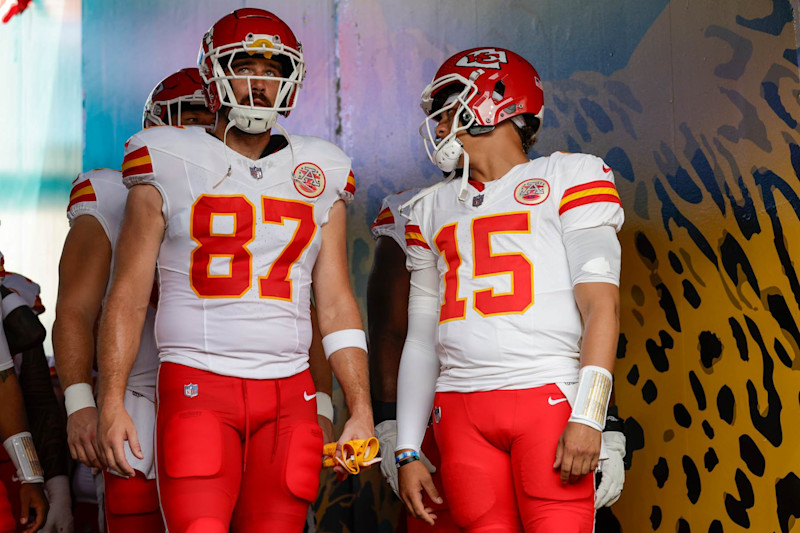 JACKSONVILLE, FL - AUGUST 10: Kansas City Chiefs tight end Travis Kelce (87) and Kansas City Chiefs quarterback Patrick Mahomes (15) in the tunnel before the game between the Kansas City Chiefs and the Jacksonville Jaguars on August 10, 2024 at EverBank Stadium in Jacksonville, Fl. (Photo by David Rosenblum/Icon Sportswire via Getty Images)