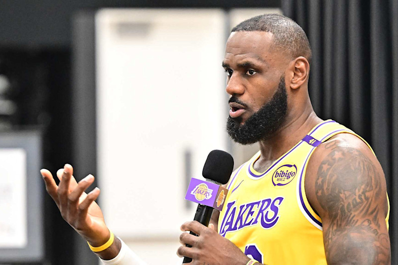 Los Angeles Lakers #23 LeBron James speaks to the press during the Lakers media day at UCLA Health Training Center in El Segundo, California, September 30, 2024. (Photo by Frederic J. BROWN / AFP) (Photo by FREDERIC J. BROWN/AFP via Getty Images)