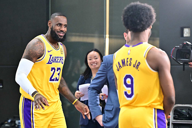 Los Angeles Lakers #23 LeBron James and his son #9 Bronny James attend the Lakers media day at UCLA Health Training Center in El Segundo, California, September 30, 2024. (Photo by Frederic J. BROWN / AFP) (Photo by FREDERIC J. BROWN/AFP via Getty Images)