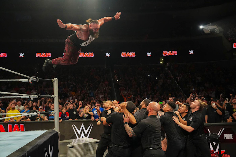 EVANSVILLE, INDIANA - SEPTEMBER 30: Braun Strowman in action against security during Monday night RAW at Ford Center on September 30, 2024 in Evansville, Indiana.  (Photo by WWE/Getty Images)