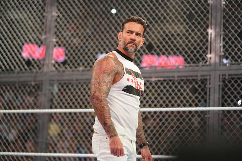 EVANSVILLE, INDIANA - SEPTEMBER 30: CM Punk enters the Hell in the Cell ring to face off with Drew Mclntyre during Monday night RAW at Ford Center on September 30, 2024 in Evansville, Indiana. (Photo by WWE/Getty Images)