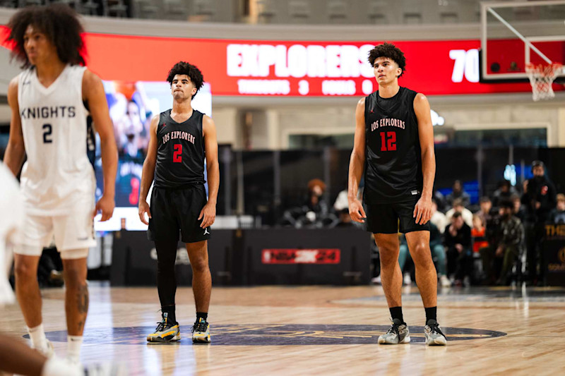 EAST RUTHERFORD, NJ - MARCH 27: Cameron Boozer #12 and Cayden Boozer #2 of the Columbus Explorers look on during the game against the Notre Dame Knights during The Throne high school basketball tournament on March 27, 2024 at American Dream in East Rutherford, New Jersey. NOTE TO USER: User expressly acknowledges and agrees that, by downloading and/or using this photograph, user is consenting to the terms and conditions of the Getty Images License Agreement. Mandatory Copyright Notice: Copyright 2024 NBAE (Photo by Evan Yu/NBAE via Getty Images)