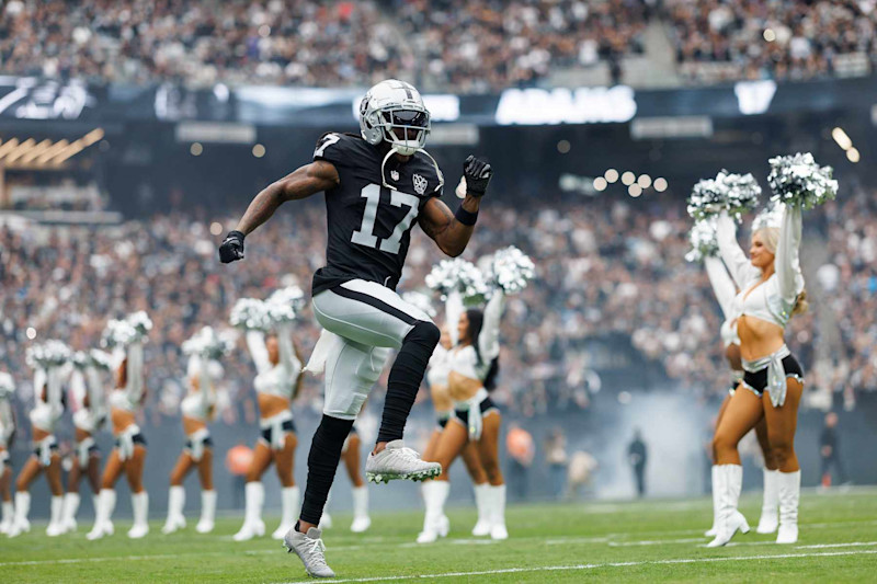 LAS VEGAS, NEVADA - SEPTEMBER 22: Wide receiver Davante Adams #17 of the Las Vegas Raiders enters the field during player introductions prior to an NFL football game against the Carolina Panthers, at Allegiant Stadium on September 22, 2024 in Las Vegas, Nevada. (Photo by Brooke Sutton/Getty Images)