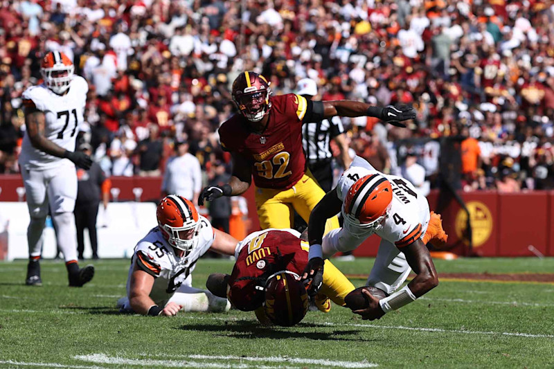 Browns QB Deshaun Watson is sacked by Commanders LB Frankie Luvu.