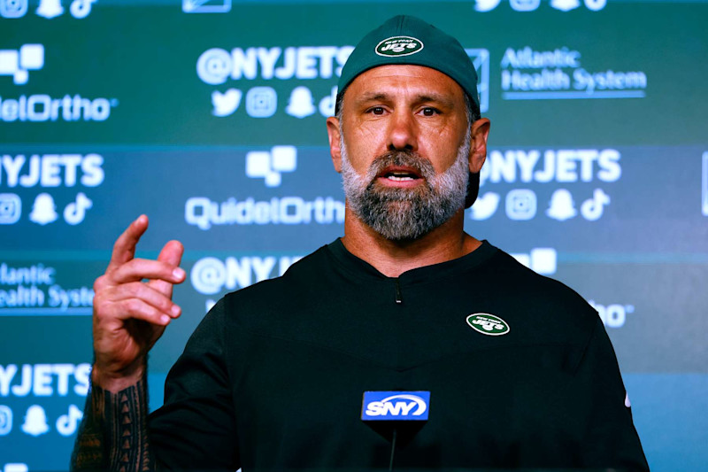 FLORHAM PARK, NEW JERSEY - MAY 31:  Defensive coordinator Jeff Ulbrich of the New York Jets talks to reporters before the teams OTAs at Atlantic Health Jets Training Center on May 31, 2023 in Florham Park, New Jersey. (Photo by Rich Schultz/Getty Images)