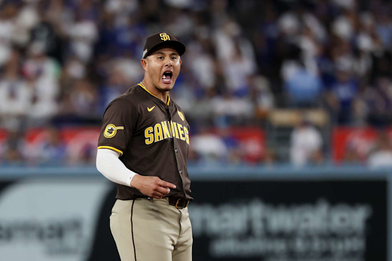 LOS ANGELES, CALIFORNIA - OCTOBER 06: Manny Machado #13 of the San Diego Padres yells to the Los Angeles Dodgers bench during the sixth inning in game two of the National League Division Series at Dodger Stadium on Sunday, Oct. 6, 2024 in Los Angeles. (Robert Gauthier / Los Angeles Times via Getty Images)