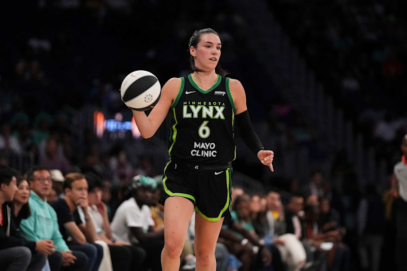 ELMONT, NY - JUNE 25: Bridget Carleton #6 of the Minnesota Lynx dribbles the ball during the game against the New York Liberty during the 2024 Commissioner's Cup Championship on June 25, 2024 at the UBS Arena in Elmont, New York. NOTE TO USER: User expressly acknowledges and agrees that, by downloading and or using this photograph, user is consenting to the terms and conditions of the Getty Images License Agreement. Mandatory Copyright Notice: Copyright 2024 NBAE (Photo by Catalina Fragoso/NBAE via Getty Images)