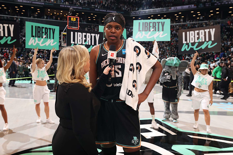 BROOKLYN, NY - OCTOBER 15: Jonquel Jones #35 is interviewed after the New York Liberty wins Game 3 of the 2023 WNBA Finals on October 15, 2023 at Barclays Center in Brooklyn, New York. NOTE TO USER: User expressly acknowledges and agrees that, by downloading and or using this photograph, user is consenting to the terms and conditions of the Getty Images License Agreement. Mandatory Copyright Notice: Copyright 2023 NBAE (Photo by Stephen Gosling/NBAE via Getty Images)