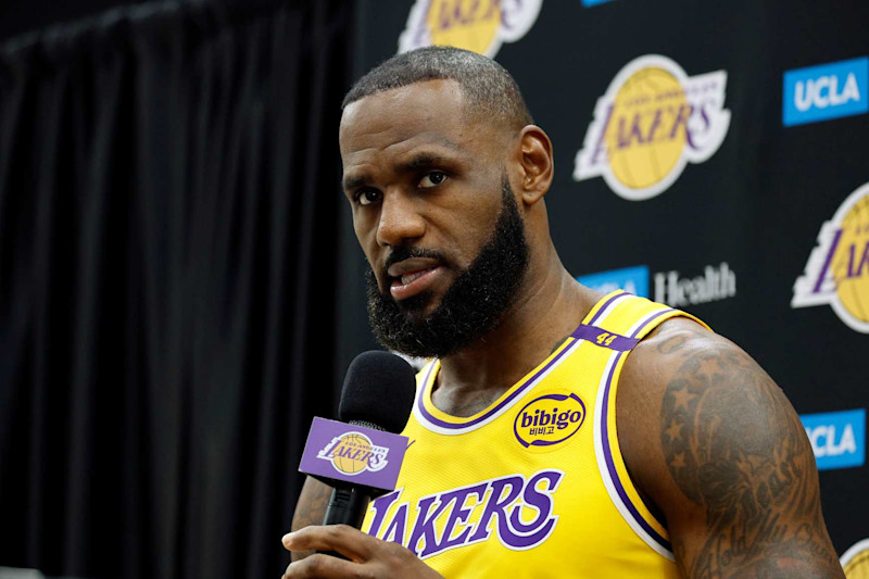 EL SEGUNDO, CALIFORNIA - SEPTEMBER 30: LeBron James #23 of the Los Angeles Lakers speaks during a Los Angeles Lakers media day at UCLA Health Training Center on September 30, 2024 in El Segundo, California. NOTE TO USER: User expressly acknowledges and agrees that, by downloading and or using this photograph, User is consenting to the terms and conditions of the Getty Images License Agreement. (Photo by Kevork Djansezian/Getty Images)