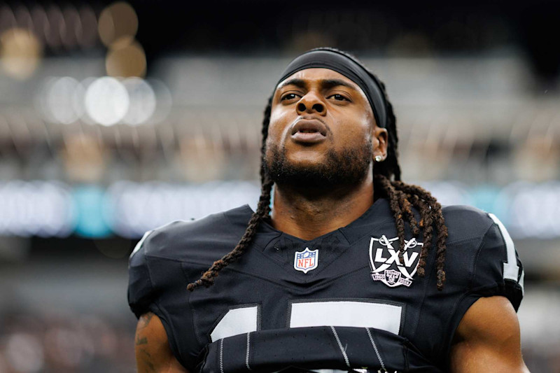 LAS VEGAS, NEVADA - SEPTEMBER 22: Wide receiver Davante Adams #17 of the Las Vegas Raiders stretches prior to an NFL football game against the Carolina Panthers, at Allegiant Stadium on September 22, 2024 in Las Vegas, Nevada. (Photo by Brooke Sutton/Getty Images)