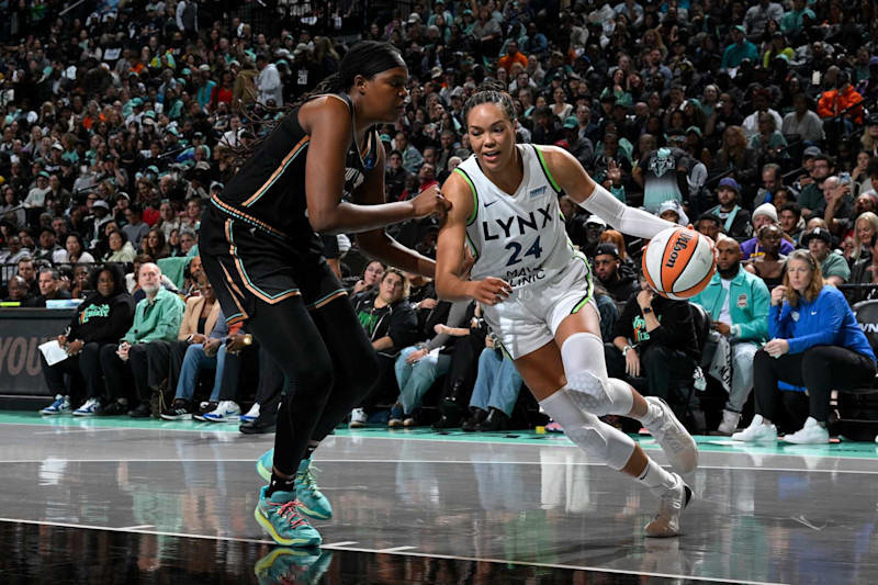 BROOKLYN, NY - OCTOBER 10: Napheesa Collier #24 of the Minnesota Lynx dribbles the ball during the game against the New York Liberty during Game 1 of the 2024 WNBA Finals on October 10, 2024 at Barclays Center in Brooklyn, New York. NOTE TO USER: User expressly acknowledges and agrees that, by downloading and or using this photograph, User is consenting to the terms and conditions of the Getty Images License Agreement. Mandatory Copyright Notice: Copyright 2024 NBAE (Photo by David Dow/NBAE via Getty Images)