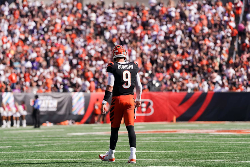 CINCINNATI, OHIO - OCTOBER 06: Joe Burrow #9 of the Cincinnati Bengals walks across the field in the fourth quarter against the Baltimore Ravens at Paycor Stadium on October 06, 2024 in Cincinnati, Ohio. (Photo by Dylan Buell/Getty Images)