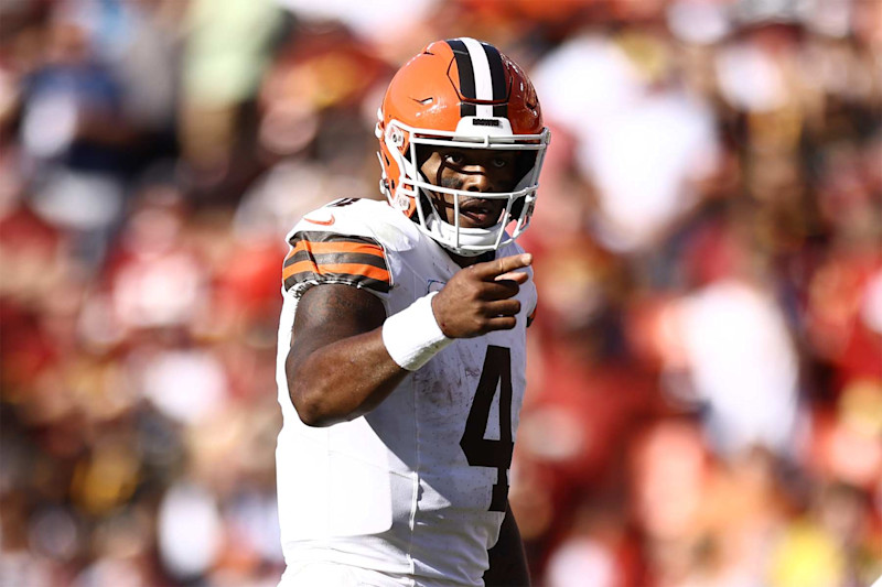 LANDOVER, MARYLAND - OCTOBER 06: Deshaun Watson #4 of the Cleveland Browns reacts against the Washington Commanders at Northwest Stadium on October 06, 2024 in Landover, Maryland. (Photo by Timothy Nwachukwu/Getty Images)