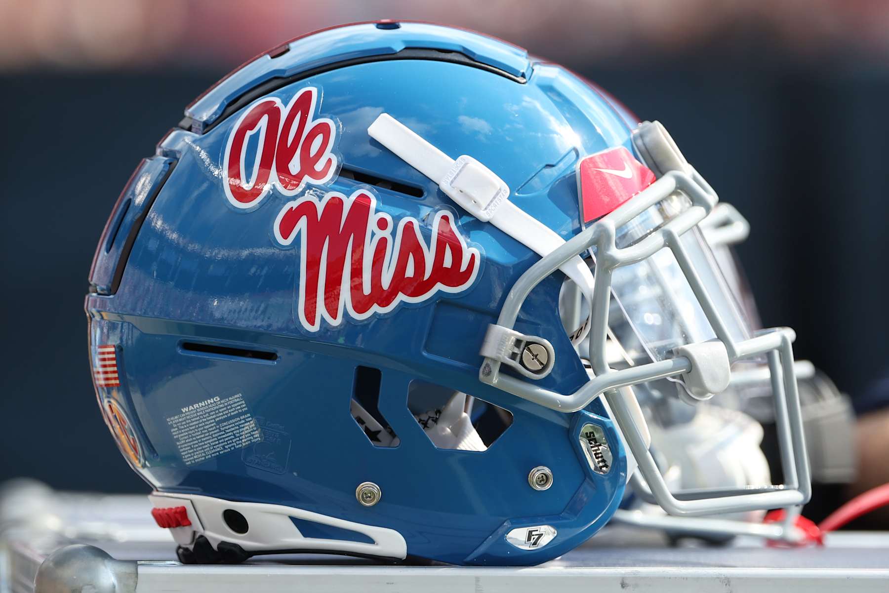 COLUMBIA, SC - OCTOBER 05: an Mississippi Rebels helmet rests near the sidelines before the game between the Ole Miss Rebels and the South Carolina Gamecocks on Saturday, October 5, 2024 at Williams-Brice Stadium in Columbia, SC (Photo by Peter Joneleit/Icon Sportswire via Getty Images)