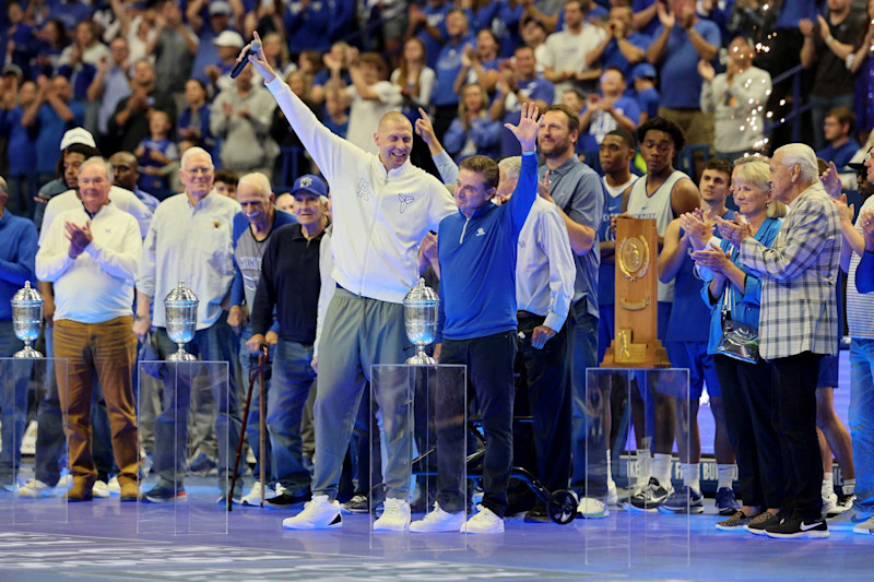 LEXINGTON, KENTUCKY - OCTOBER 11: Mark Pope the Head coach of the Kentucky Wildcats (left) with former Kentucky Head Coach (right) Rick Pitino during Kentucky's Big Blue Madness at Rupp Arena on October 11, 2024 in Lexington, Kentucky. (Photo by Andy Lyons/Getty Images)