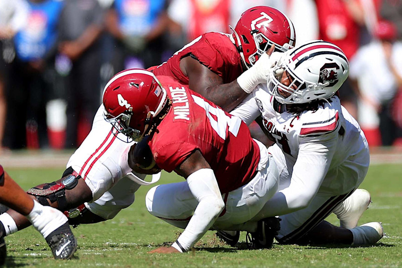 TUSCALOOSA, ALABAMA - OCTOBER 12:  Tonka Hemingway #91 of the South Carolina Gamecocks sacks al4oduring the second quarter at Bryant-Denny Stadium on October 12, 2024 in Tuscaloosa, Alabama. (Photo by Kevin C. Cox/Getty Images)