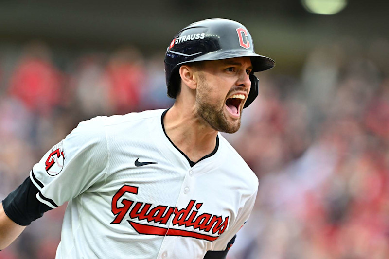 CLEVELAND, OHIO - OCTOBER 12: Lane Thomas #8 of the Cleveland Guardians celebrates a grand slam during the fifth inning against the Detroit Tigers during Game Five of the Division Series at Progressive Field on October 12, 2024 in Cleveland, Ohio. (Photo by Jason Miller/Getty Images)