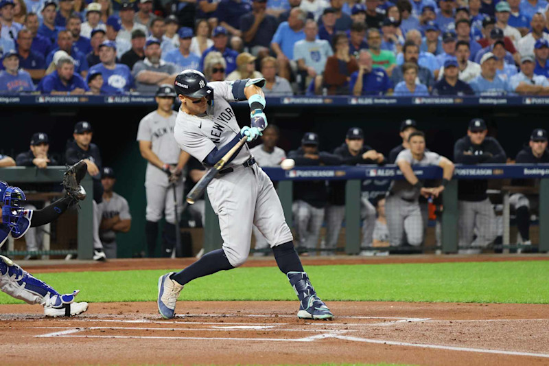 KANSAS CITY, MO - OCTOBER 10: New York Yankees outfielder Aaron Judge (99) hits into a double play in the first inning of game 4 of the ALDS between the New York Yankees and Kansas City Royals on October 10, 2024 at Kauffman Stadium in Kansas City, MO. (Photo by Scott Winters/Icon Sportswire via Getty Images)