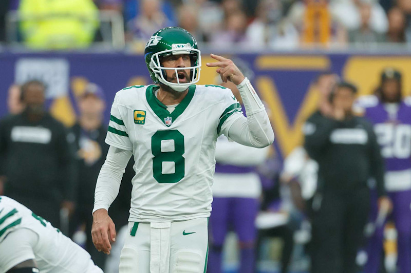 London, United Kingdom - October 6: Aaron Rodgers of New York Jets gestures during the NFL match between New York Jets and Minnesota Vikings at Tottenham Hotspur Stadium on October 6, 2024 in London, England. (Photo by Mario Hommes/DeFodi Images via Getty Images)