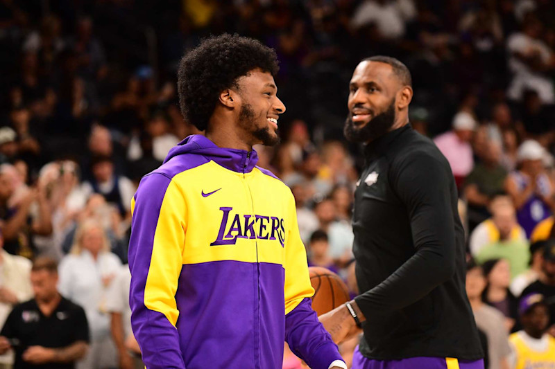 LOS ANGELES, CA - OCTOBER 6: Bronny James #9 of the Los Angeles Lakers smiles before the game against the Phoenix Suns on October 6, 2024 at Acrisure Arena in Palm Springs, California. NOTE TO USER: User expressly acknowledges and agrees that, by downloading and/or using this Photograph, user is consenting to the terms and conditions of the Getty Images License Agreement. Mandatory Copyright Notice: Copyright 2024 NBAE (Photo by Adam Pantozzi/NBAE via Getty Images)