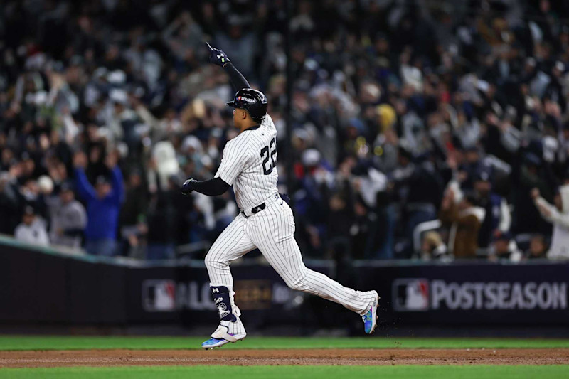 NEW YORK, NEW YORK - OCTOBER 14:  Juan Soto #22 of the New York Yankees rounds the bases after hitting a home run during the 3rd inning of Game One of the American League Championship Series against the Cleveland Guardians at Yankee Stadium on October 14, 2024 in New York City. (Photo by Patrick Smith/Getty Images)