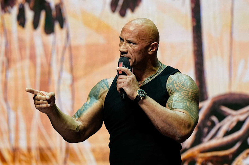 LAS VEGAS, NV - FEBRUARY 08: Dwayne "The Rock" Johnson, Ten-Time WWE World Champion during the WWE Wrestlemania XL Kickoff on February 08, 2024, at T-Mobile Arena in Las Vegas, NV. (Photo by Louis Grasse/PXimages/Icon Sportswire via Getty Images)