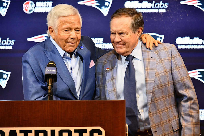 New England Patriots head coach Bill Belichick (R) and Patriots owner Robert Kraft speak to reporters where Belichick announced he is leaving the team during a press conference at Gillette Stadium in Foxborough, Massachusetts, on January 11, 2024. Belichick, the NFL mastermind who has guided the New England Patriots to a record six Super Bowl titles as head coach, is parting ways with the team after 24 seasons. (Photo by Joseph Prezioso / AFP) (Photo by JOSEPH PREZIOSO/AFP via Getty Images)