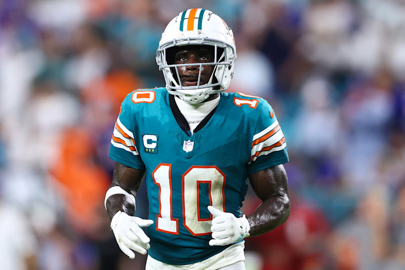 MIAMI GARDENS, FLORIDA - SEPTEMBER 12: Tyreek Hill #10 of the Miami Dolphins looks on against the Buffalo Bills during the second quarter of the game at Hard Rock Stadium on September 12, 2024 in Miami Gardens, Florida. (Photo by Megan Briggs/Getty Images)