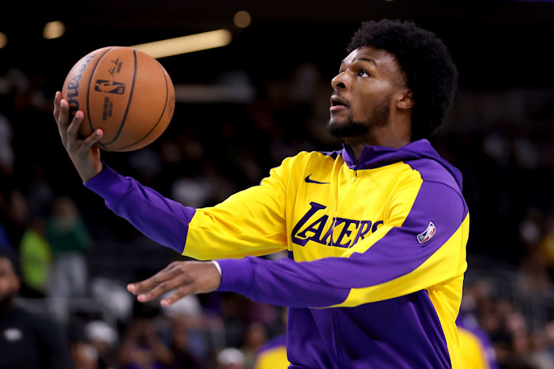 PALM SPRINGS, CALIFORNIA - OCTOBER 06: Bronny James #9 of the Los Angeles Lakers warms up prior to the game against the Phoenix Suns at Acrisure Arena on October 06, 2024 in Palm Springs, California. NOTE TO USER: User expressly acknowledges and agrees that, by downloading and/or using this photograph, user is consenting to the terms and conditions of the Getty Images License Agreement. (Photo by Katelyn Mulcahy/Getty Images)