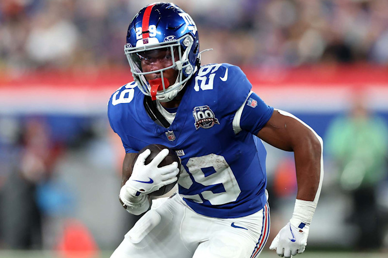 EAST RUTHERFORD, NEW JERSEY - OCTOBER 13: Tyrone Tracy Jr. #29 of the New York Giants in action against the Cincinnati Bengals at MetLife Stadium on October 13, 2024 in East Rutherford, New Jersey. (Photo by Luke Hales/Getty Images)