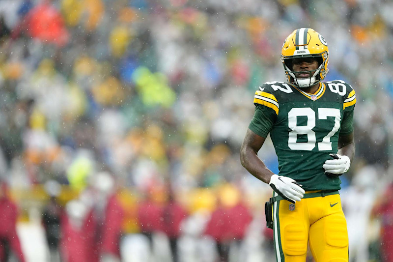 GREEN BAY, WISCONSIN - OCTOBER 13: Romeo Doubs #87 of the Green Bay Packers in action against the Arizona Cardinals in the first half at Lambeau Field on October 13, 2024 in Green Bay, Wisconsin. (Photo by Patrick McDermott/Getty Images)