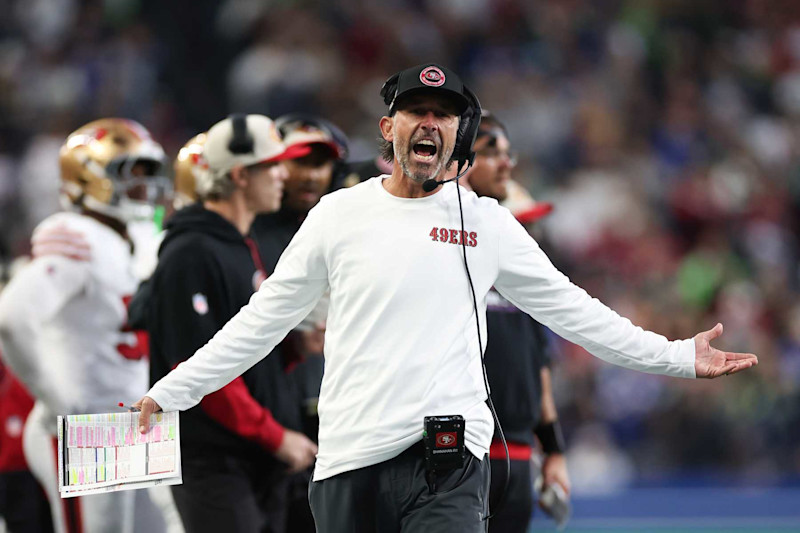 SEATTLE, WASHINGTON - OCTOBER 10: Head coach Kyle Shanahan of the San Francisco 49ers reacts during the second quarter against the Seattle Seahawks at Lumen Field on October 10, 2024 in Seattle, Washington. (Photo by Steph Chambers/Getty Images)