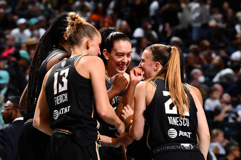 BROOKLYN, NY - OCTOBER 13: The New York Liberty huddle up during the game against the Minnesota Lynx during Game 2 of the 2024 WNBA Finals on October 13, 2024 at Barclays Center in Brooklyn, New York. NOTE TO USER: User expressly acknowledges and agrees that, by downloading and or using this photograph, User is consenting to the terms and conditions of the Getty Images License Agreement. Mandatory Copyright Notice: Copyright 2024 NBAE (Photo by Barry Gossage/NBAE via Getty Images)